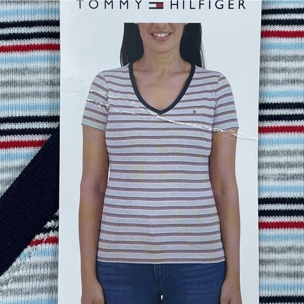Tommy Hilfiger Womens Striped V-Neck T-Shirt Medium White/Red/Blue d0978